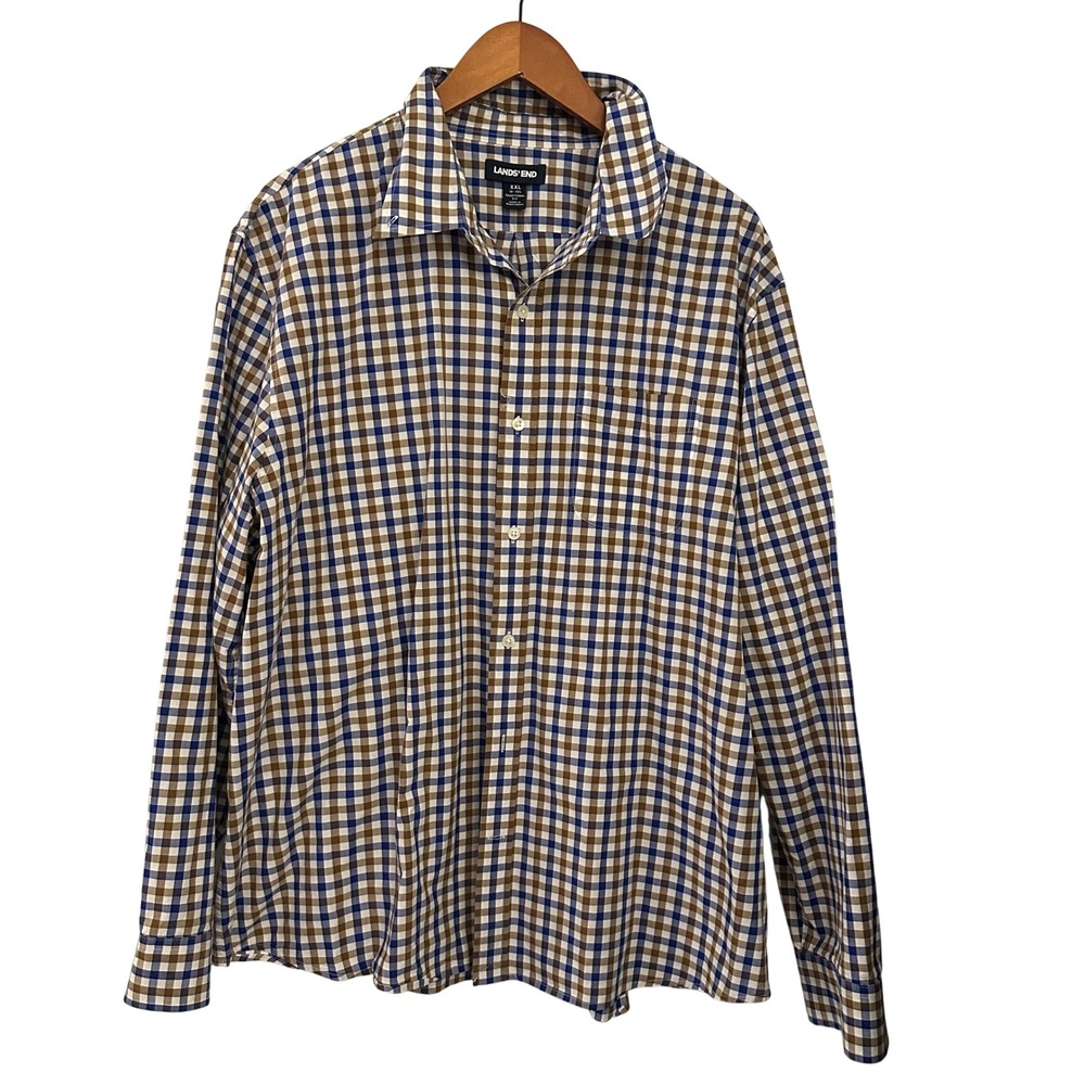 Lands' End Button Down Shirt Mens XXL Blue Brown Gingham Traditional Fit